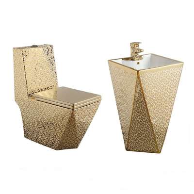 Luxury Sanitary Ware European Style One Piece Gold Plating Toilet bathroom Luxury Decoration Stand Basin Golden wc Toilet Set