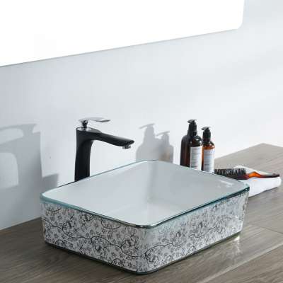 Creative decorative sanitary ware rectangle shape ceramic washbasin countertop basin electroplating decal bathroom sink