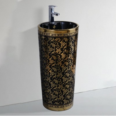 New style round gold pattern ceramic pedestal basin for hotel bathroom