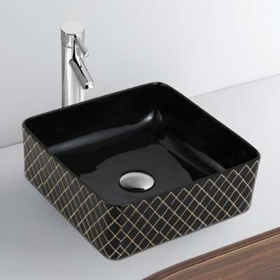 Hign end bathroom sanitary ware new design square surface handmade ceramic glossy black  countertop bathroom sinks