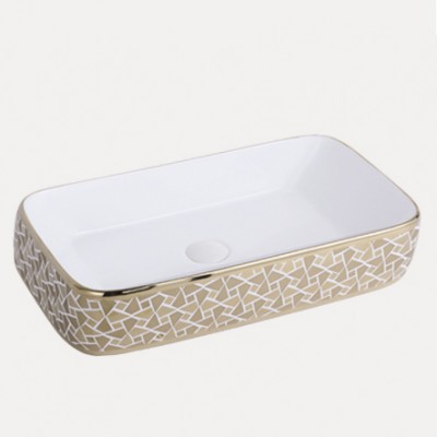 New -arrival bathroom handmade glossy golden ceramic sink  bowl electroplating decal design rectangular ceramic countertop sinks